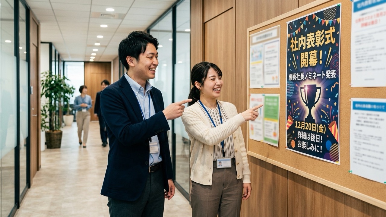 オフィスの掲示板に貼られた社内表彰式のティザーポスターを、笑顔で指差しながら楽しそうに話す日本人社員たち