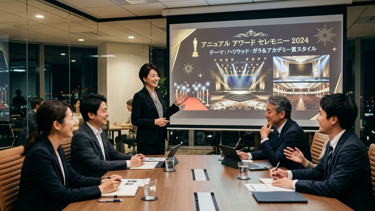 会議室で社内表彰式のコンセプトテーマ案（アカデミー賞風のデザインスライド）をスクリーンに映して企画会議を行う様子