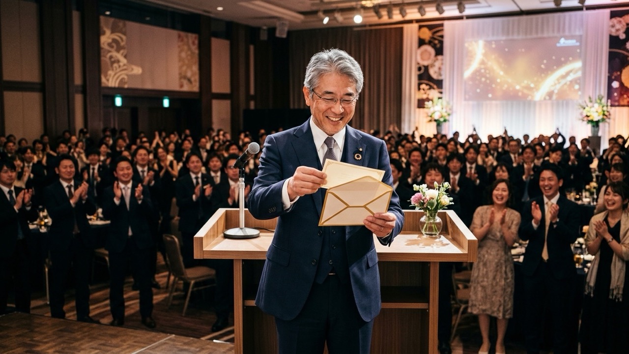 ステージ上で金縁の封筒を開封し、笑顔で受賞者の名前を確認する役員と、ステージを見つめる社員たち