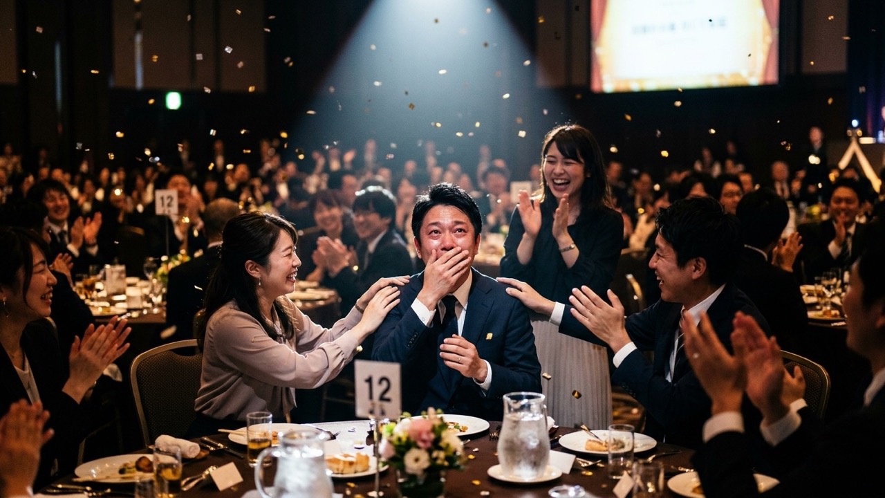 暗転した会場でドラムロールとともにスポットライトが当たり、驚きと感動で口元を押さえる受賞者と祝福する同僚たち