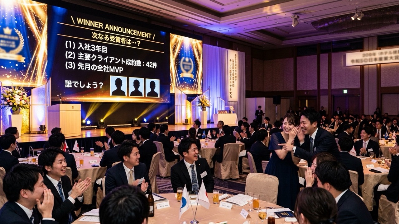 大画面スクリーンに受賞者のヒントが順番に映し出され、客席の社員たちが笑顔で誰かを予想し合う様子