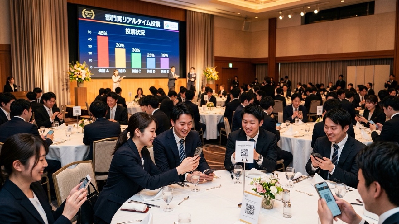 社内表彰式の会場で、社員たちが各自のスマートフォンからQRコードを読み取ってリアルタイム投票を行い、前方のスクリーンに集計グラフが映し出されている様子