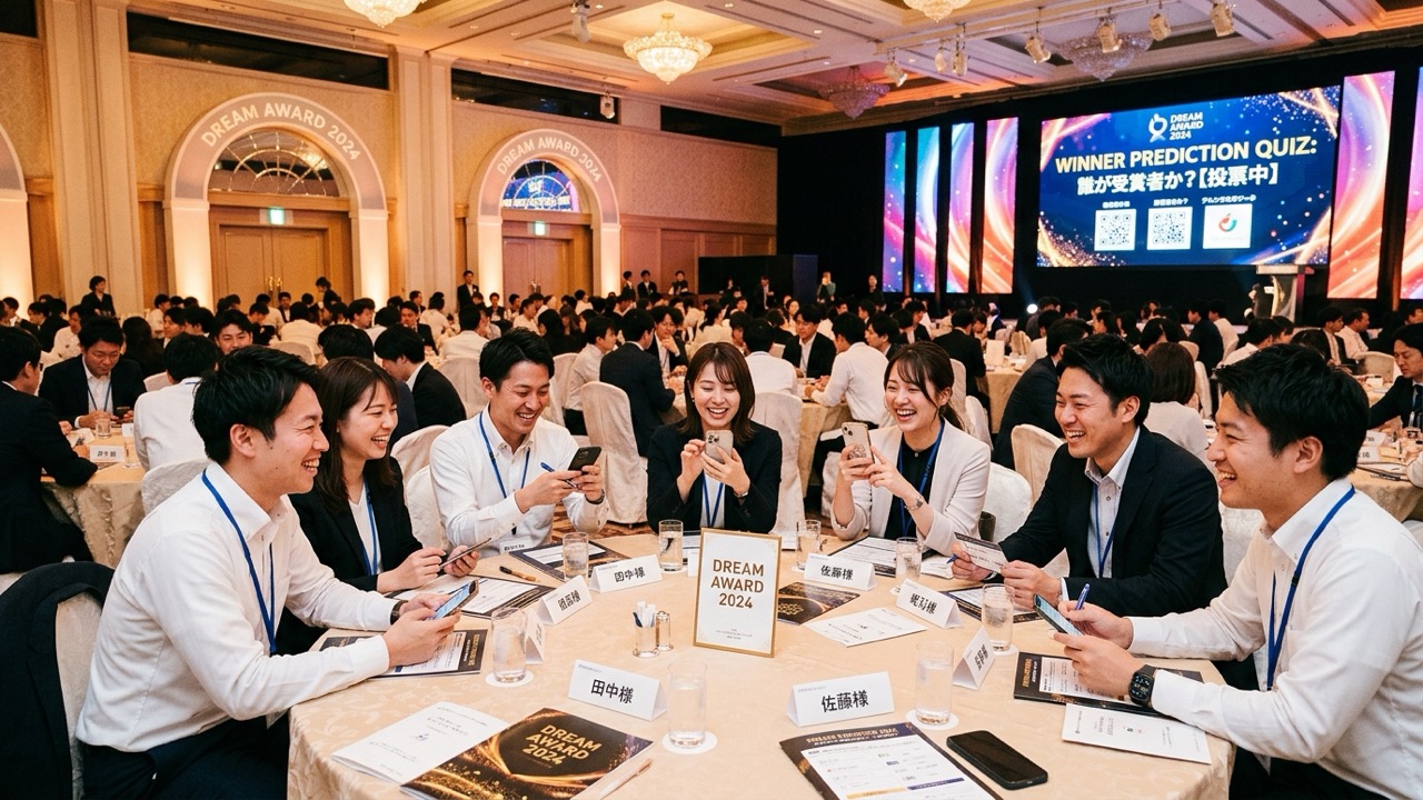 社内表彰式の会場で、テーブルに着いた社員たちが笑顔でスマートフォンを操作しながら受賞者予想クイズに参加している様子