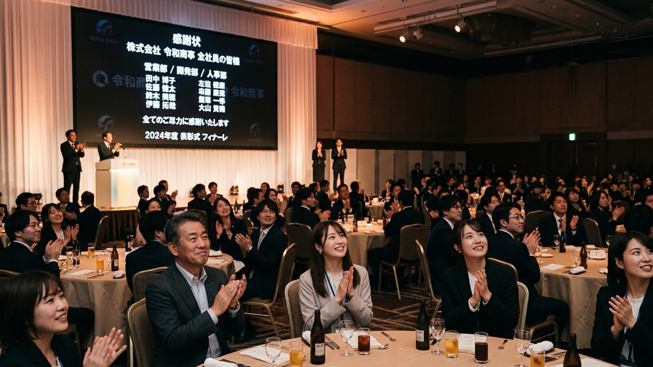 会場の大型スクリーンに全社員の名前が映画のエンドロールのように流れるエンディング映像を、社員たちが温かい笑顔で見つめる様子