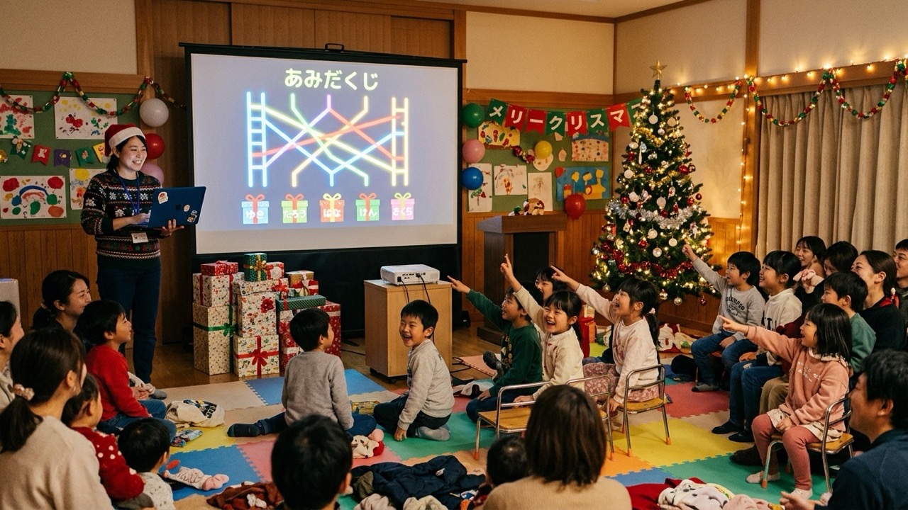 クリスマスツリーが飾られた会場で、子どもと大人がスクリーンに映したあみだくじを指さしながら盛り上がっている様子。スクリーンの下にはプレゼントが積まれている