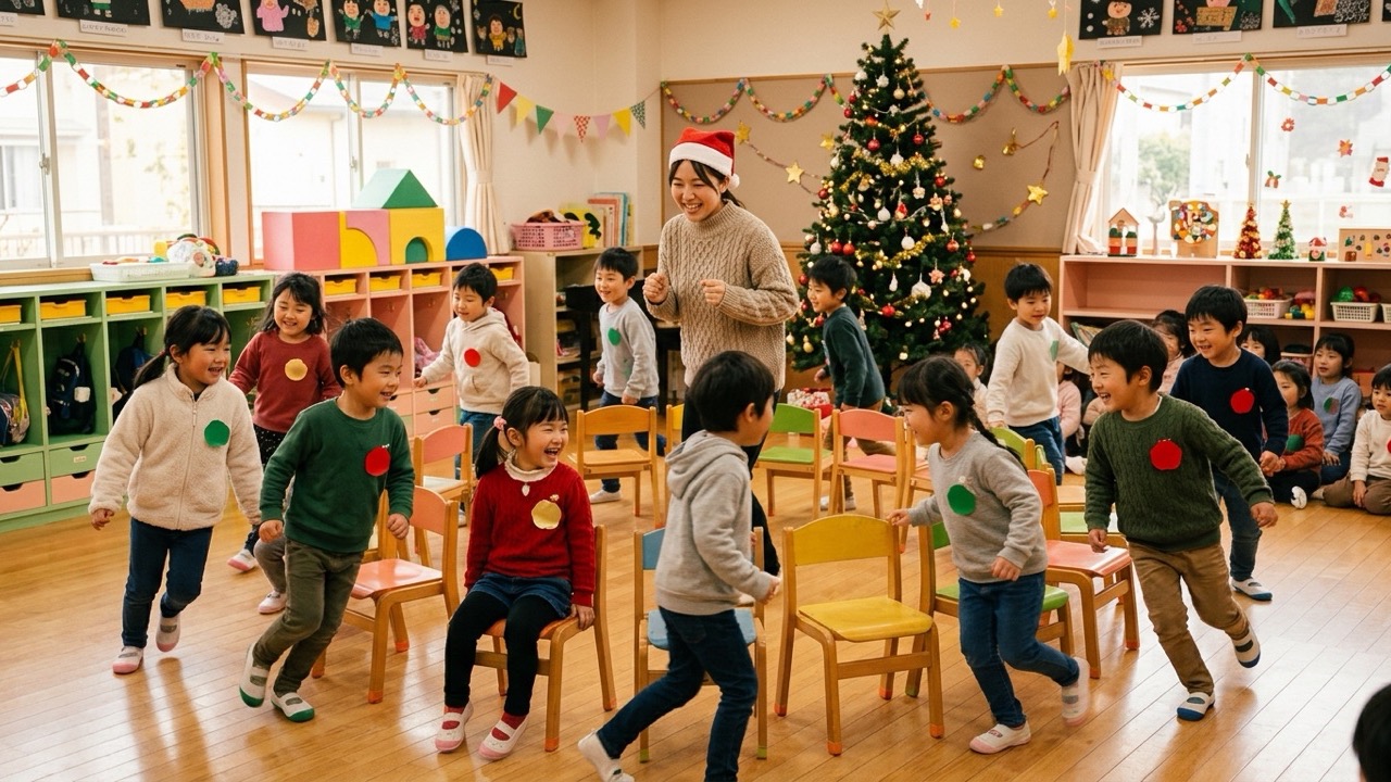 保育園のクリスマス会で、円形に並べた椅子の周りを子どもたちが笑顔で移動してクリスマスバスケットを楽しんでいる様子