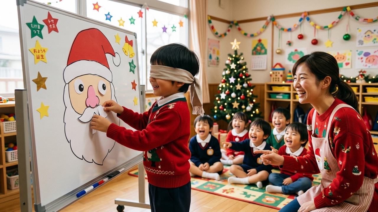 目隠しをした男の子がホワイトボードのサンタの顔にひげパーツを貼り、周りの園児たちと保育士が楽しそうに見守る様子