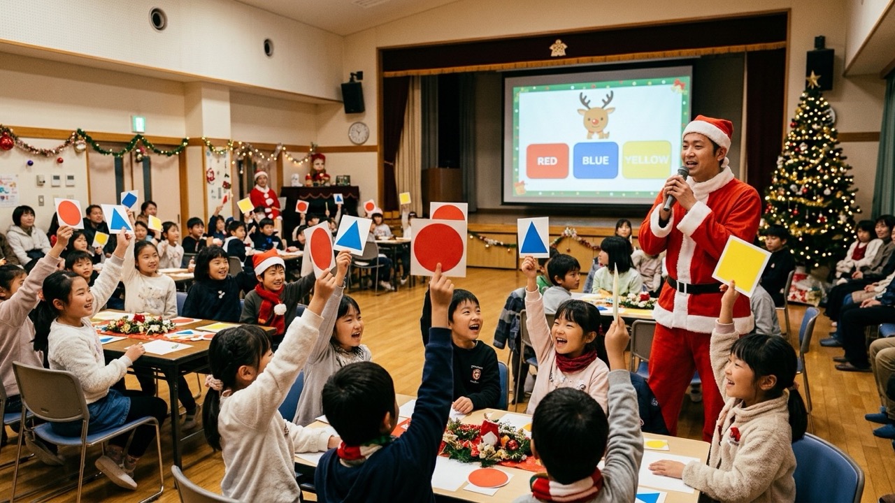 子ども会のクリスマス会で、サンタ姿の司会者のクイズに対して子どもたちがチームごとに回答札を一斉に掲げている様子
