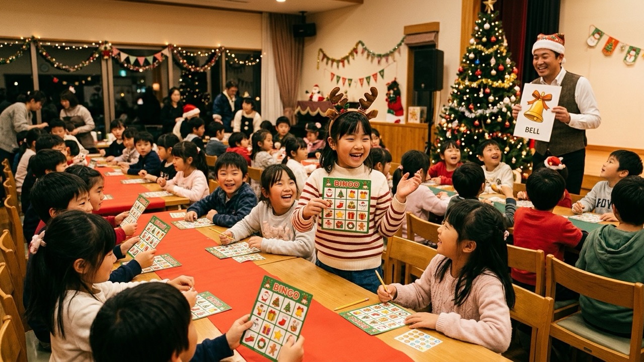 クリスマスのイラストが描かれた絵柄ビンゴカードを持ち、リーチになって嬉しそうに立ち上がる女の子と周りの子どもたち