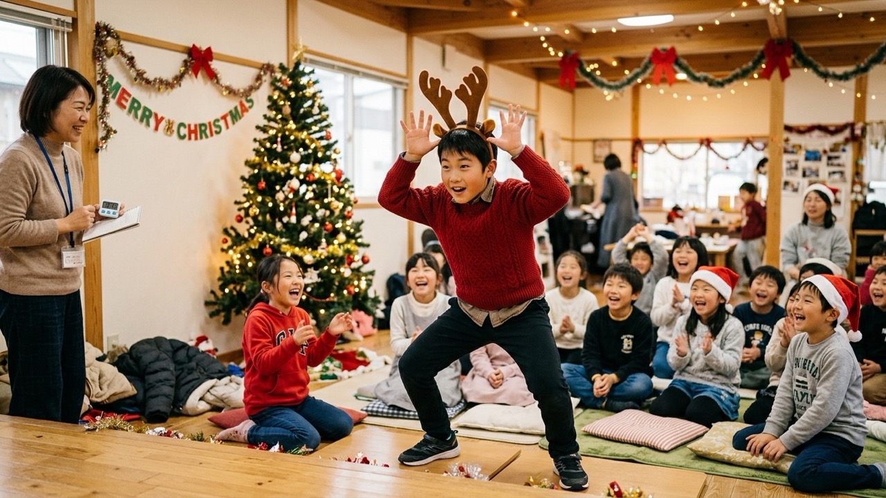 トナカイのカチューシャをつけて元気いっぱいにジェスチャーをする男の子と、笑顔で回答を当てるチームの子どもたち