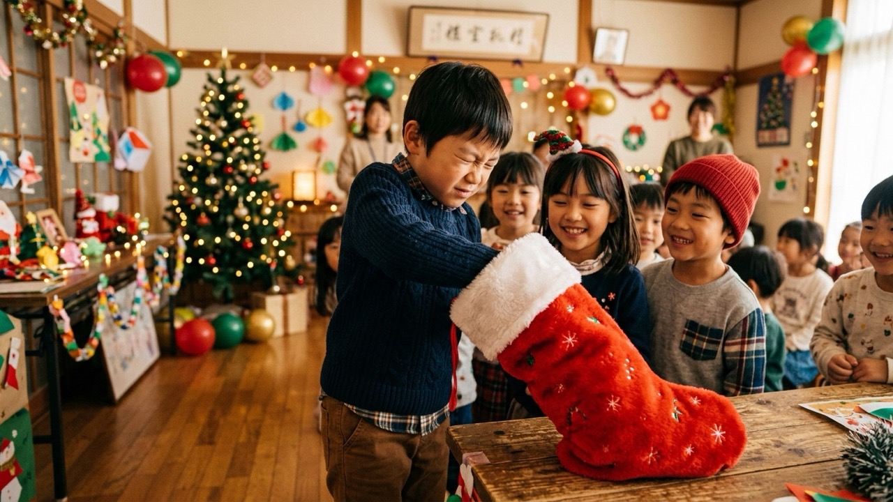 大きな赤いクリスマスソックスの中に手を入れて中身の感触を真剣に確かめる男の子と、それを見守る子どもたち