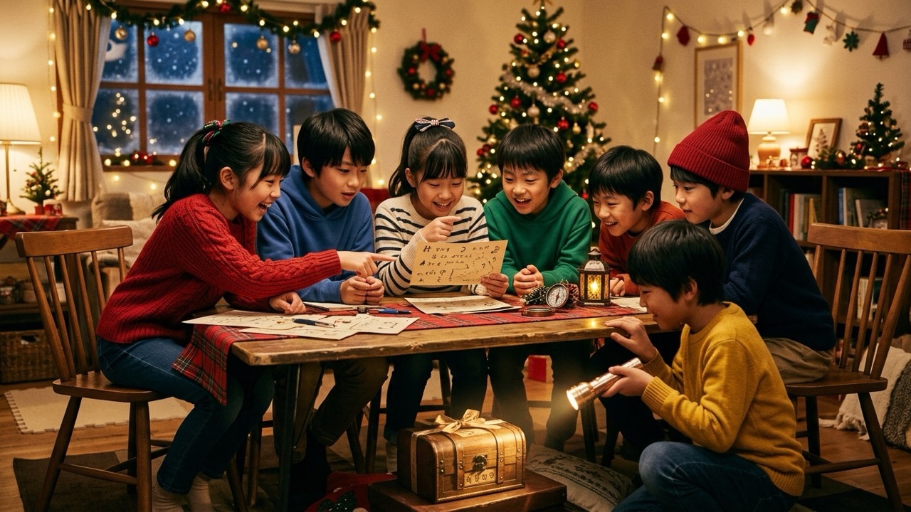 高学年の小学生たちがテーブルを囲んでクリスマスの謎解き暗号カードを協力して解き明かしている様子