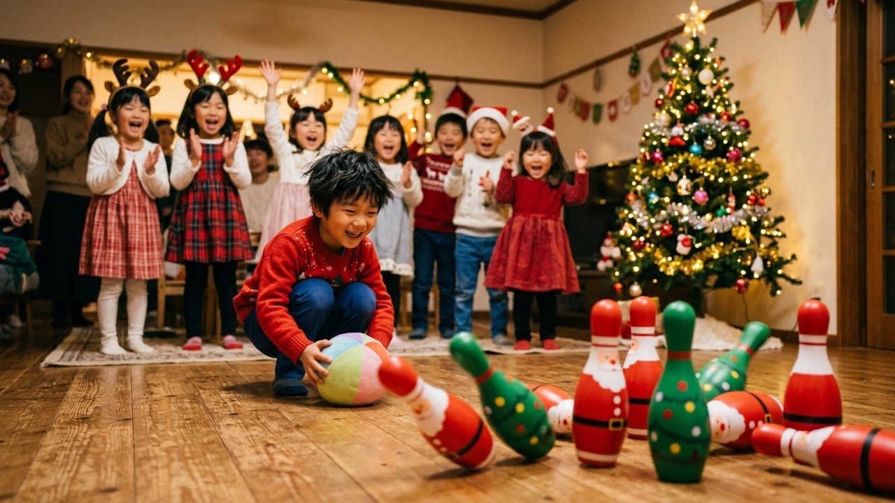 サンタやツリー柄に装飾されたペットボトルピンに向かってボールを転がし、ピンが倒れて盛り上がる子どもたち
