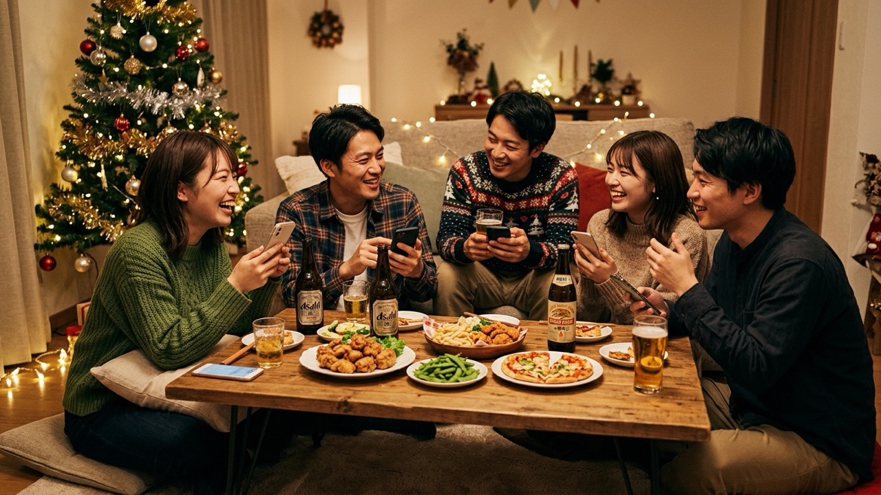 クリスマスのごちそうが並ぶテーブルを囲んで、ワードウルフのお題について楽しく探り合いながら会話する大人たち