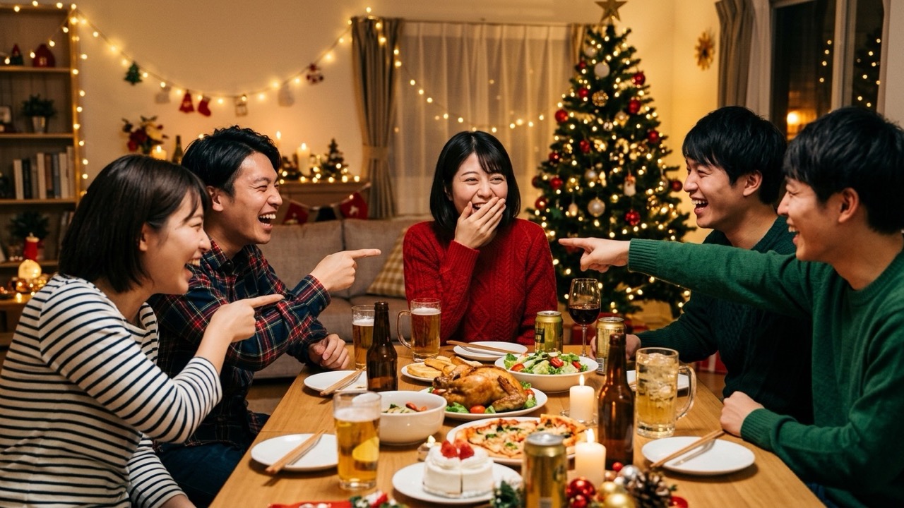 クリスマスの食卓を囲む大人たちが、カタカナ禁止ゲームで思わず外来語を口にしてしまい口を押さえて爆笑している様子