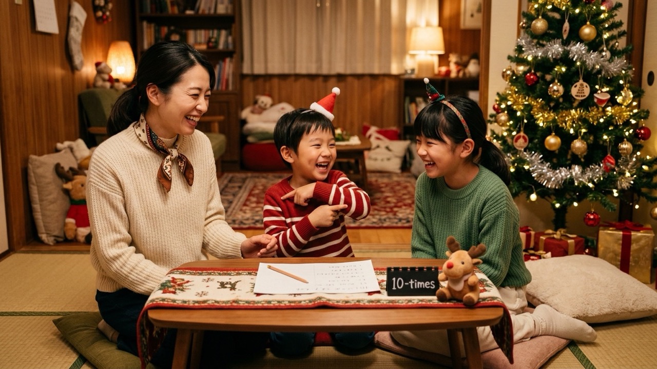 クリスマスの飾りがされたリビングで、子どもが肘を指差しながら引っ掛け問題に大笑いし、母親と楽しそうに10回クイズをしている様子