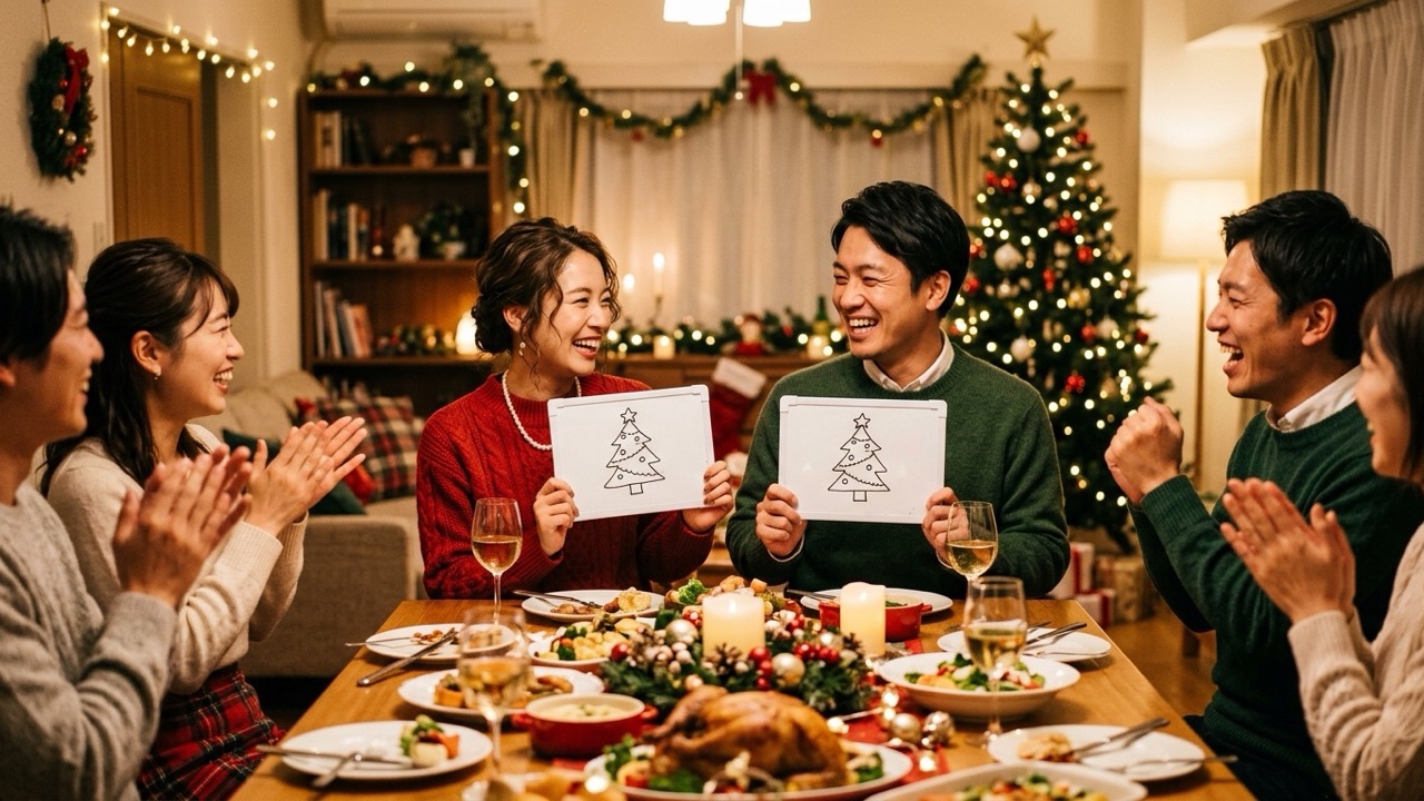 大人のクリスマスパーティーで、小さなホワイトボードに同じツリーのイラストを書いて見事に一致し、笑顔で喜ぶ参加者たち
