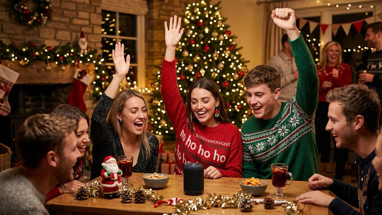スピーカーから流れるクリスマスソングのイントロに耳を傾け、曲名が分かって一斉に勢いよく手を挙げるパーティーの参加者たち