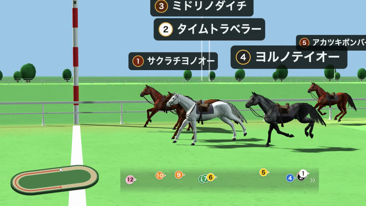 競馬シミュレーター「格付けダービー」のアイキャッチ画像。ゴール直前で上位4頭が競り合う3Dのレース画面
