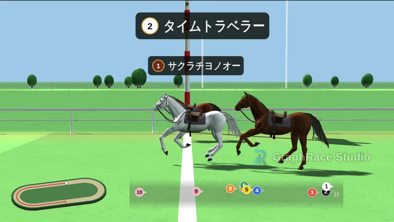 格付けダービーの3Dモードで、最終直線を先頭争いする2頭を横から捉えた画面