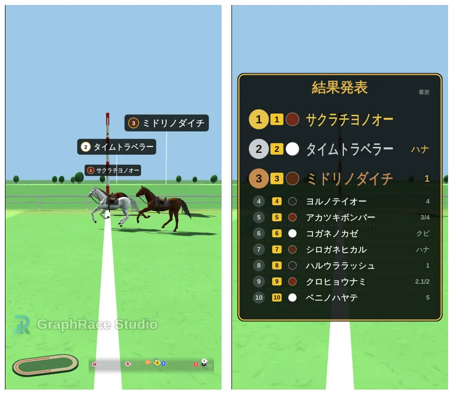 9:16の縦型で書き出した3Dレースの最終直線と結果発表画面