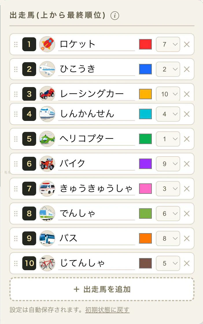 格付けダービーの出走馬リスト。1位から10位まで、乗り物のイラストアイコン・ひらがなの名前・馬体色・出走枠が並んでいる