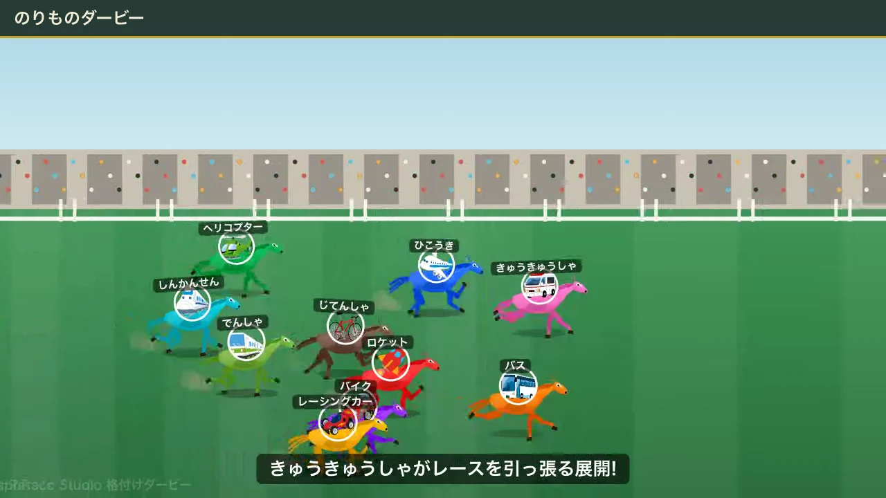 2Dモードの走行中の画面。乗り物のアイコンを乗せた10頭が色分けされて走り、下部に実況テロップが出ている