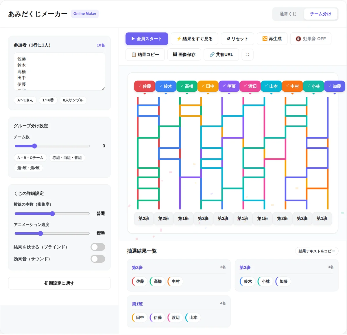 あみだくじメーカーのチーム分けモード。左で10人の名前を入力してチーム数3と「第1班・第2班」を選び、下の抽選結果一覧で第1班が4人、第2班と第3班が3人ずつに分かれている
