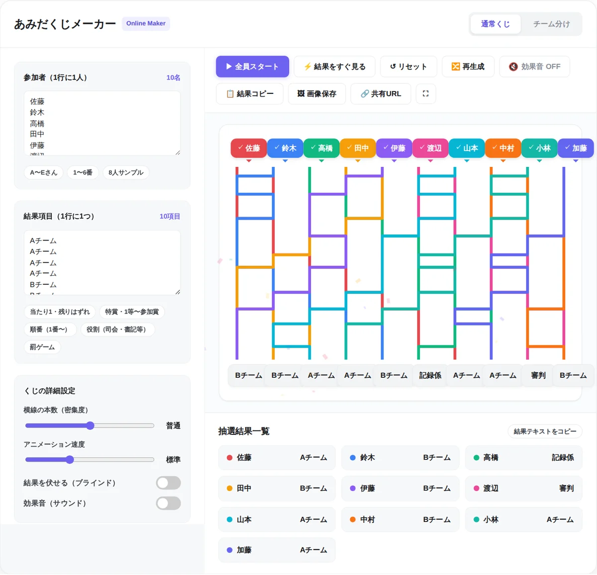 あみだくじメーカーの通常くじモード。結果項目にAチーム4つ・Bチーム4つ・審判・記録係を入力し、10人の結果が一覧に表示されている